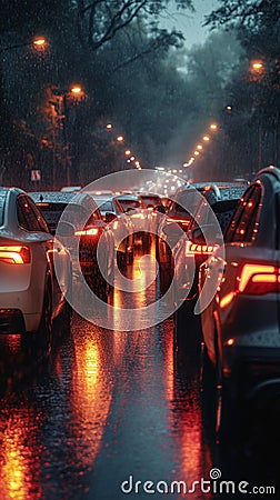 Bad weather, car traffic jam, road congestion in rain Stock Photo