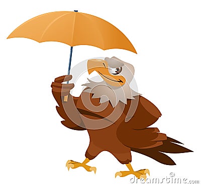 Bad weather. Funny American eagle with umbrella Vector Illustration