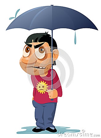 Bad weather. Unhappy man with umbrella in the rain Vector Illustration