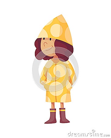 Bad windy rainy weather funny cartoon people icon. Girl in raincoat and rubber boots standing under rain. Character with Vector Illustration