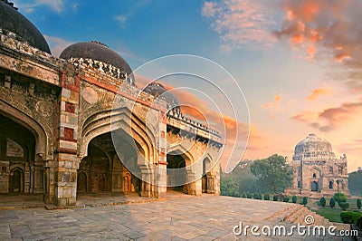 Bada Gumbad and Sheesh Gumbad Complex at early morning in Lodi Garden Stock Photo