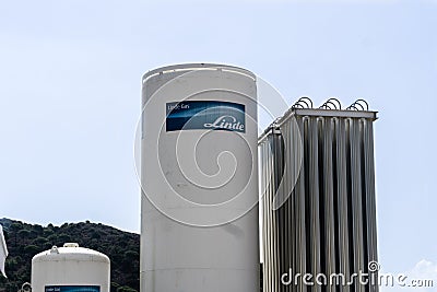 Badalona, Barcelona, Spain - July 17, 2021. Tank with oxygen reserve in a hospital, due to covid Editorial Stock Photo