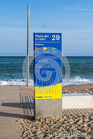 Badalona, Spain-April 2, 2023. Information poster about Platja del Cristall in Badalona, Spain Editorial Stock Photo