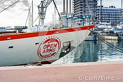 Badalona, Spain-December 6, 2023. Astral, maritime rescue ship operated by the non-governmental organization Open Arms. Port of Editorial Stock Photo