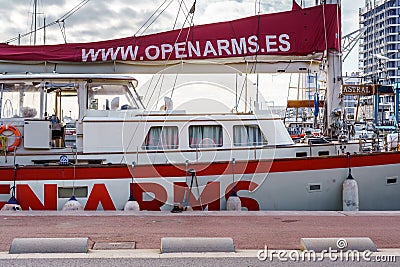 Badalona, Spain-December 6, 2023. Astral, maritime rescue ship operated by the non-governmental organization Open Arms. Port of Editorial Stock Photo