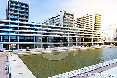 Badalona, Spain-May 2, 2023. Flats on the Gorg canal in Badalona, Spain. Sun at sunset Editorial Stock Photo