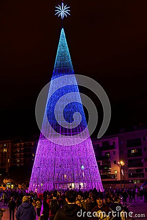 Badalona, Spain-November 19, 2023. Festive city with holiday lights and decorated Christmas tree. Badalona, spain Editorial Stock Photo