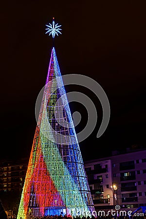 Badalona, Spain-November 19, 2023. Festive city with holiday lights and decorated Christmas tree. Badalona, spain Editorial Stock Photo
