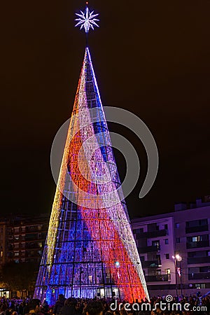 Badalona, Spain-November 19, 2023. Festive city with holiday lights and decorated Christmas tree. Badalona, spain Editorial Stock Photo