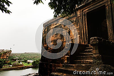 Badami fort at cave-3 with entrance door and staircase. Stock Photo