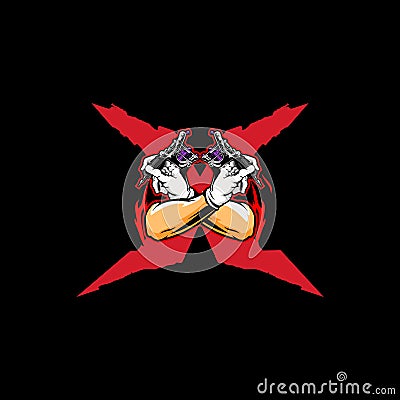 Letter X with cross hands and tattoo machine vector logo template Vector Illustration