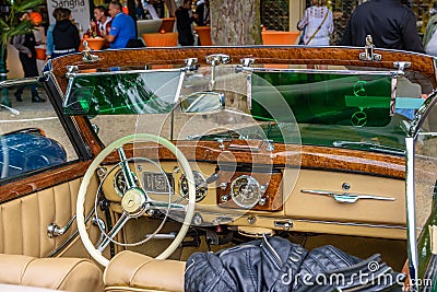 BADEN BADEN, GERMANY - JULY 2019: beige leather interior of MERCEDES-BENZ 220 cabriolet A cabrio roadster W187 1951 1955, oldtimer Editorial Stock Photo