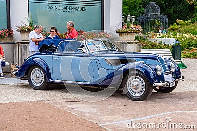 BADEN BADEN, GERMANY - JULY 2019: blue BMW 501 502 luxury saloon cabrio roadster 1952 1964, oldtimer meeting in Kurpark Editorial Stock Photo