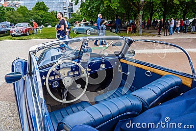 BADEN BADEN, GERMANY - JULY 2019: blue leather interior of BMW 501 502 luxury saloon cabrio roadster 1952 1964, oldtimer meeting Editorial Stock Photo