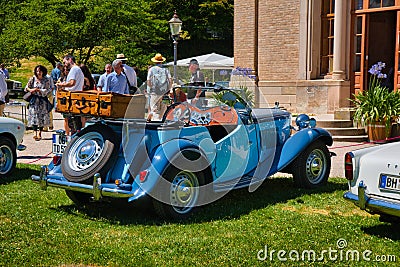 BADEN BADEN, GERMANY - JULY 2022: blue MG TA, TB, TC, TD, TF Midget 1936 roadster cabrio, oldtimer meeting in Kurpark Editorial Stock Photo