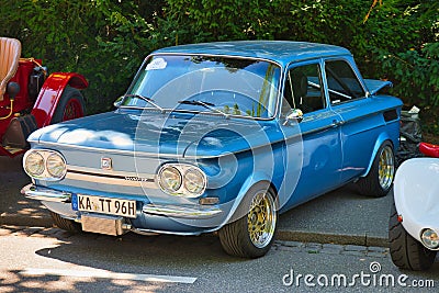 BADEN BADEN, GERMANY - JULY 2022: blue NSU TT 1969, oldtimer meeting in Kurpark Editorial Stock Photo