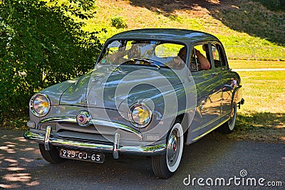 BADEN BADEN, GERMANY - JULY 2022: grey gray Simca 9 Aronde 1951, oldtimer meeting in Kurpark Editorial Stock Photo