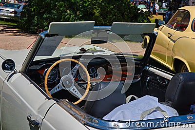 BADEN BADEN, GERMANY - JULY 2019: interior of white TRIUMPH TR4 TR5 cabrio roadster 1961 1965, oldtimer meeting in Kurpark Editorial Stock Photo