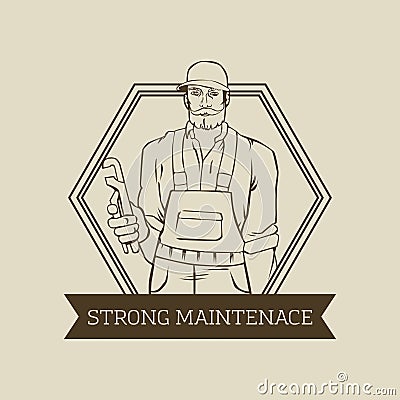 Badge with cool man plumber. Hipster worker vector logo design Vector Illustration