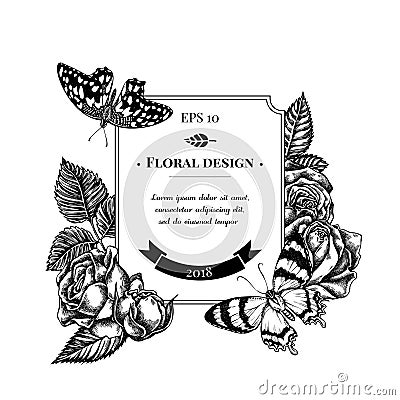 Badge design with black and white lemon butterfly, alcides agathyrsus, roses Vector Illustration