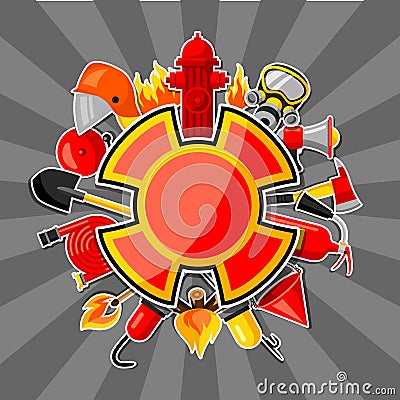 Badge with firefighting sticker items. Fire protection equipment Vector Illustration