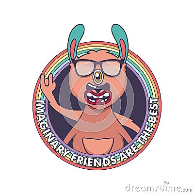 Badge with happy cartoon monster Vector Illustration