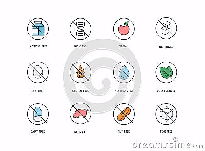 Badge Ingredient Warning Label Icons. Gluten, Lactose and Sugar Free Labels Vector Illustration