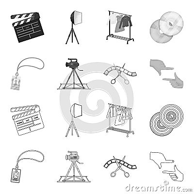 Badge, operator gesture and other accessories for the movie. Making movie set collection icons in outline,monochrome Vector Illustration