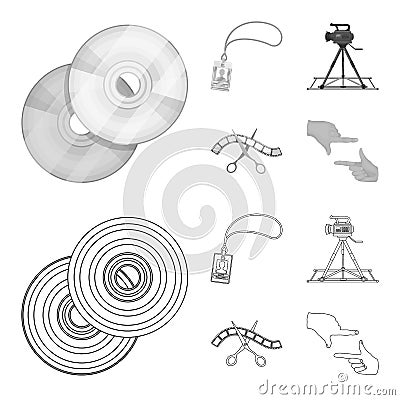 Badge, operator gesture and other accessories for the movie. Making movie set collection icons in outline,monochrome Vector Illustration