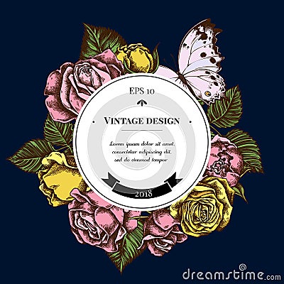 Badge over design with forest mother-of-pearl, roses Vector Illustration