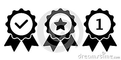 Badge with ribbons, rosette, medal, quality, winning icon set Cartoon Illustration