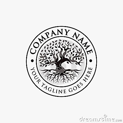 Badge, Seal, emblem vintage tree of life Logo, old oak tree logo, old big tree with the root logo vector Vector Illustration