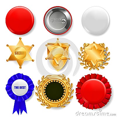 Badge Set Vector. Plastic And Golden Empty Button. Sale Symbol. Best Quality Product Emblem. Hexagonal. Sheriff, Pin Vector Illustration