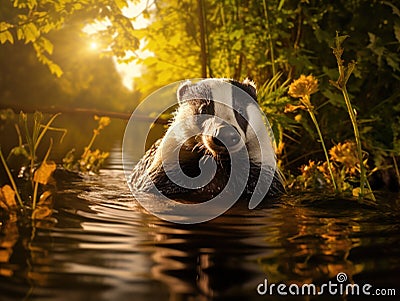 Badger in lake water animal nature habitat Germany Europe. Wildlife scene. Wild Badger Meles meles animal in wood. European Cartoon Illustration