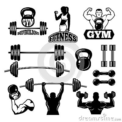 Badges and labels for gym and fitness club. Sport symbols in monochrome style Vector Illustration