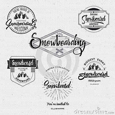 Badges Snowboard handmade designed brush lettering, for design presentations Vector Illustration