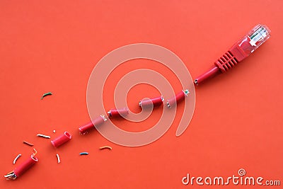 Badly damaged internet patch cord with connector for home connection Stock Photo
