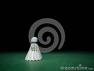 Badminton ball or shuttlecock located on the green ground with a black background. Concepts of victory or strength in training. Stock Photo