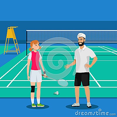 Badminton coach trainer , training or talking to his player. Young woman girl badminton player learn badminton on the field Cartoon Illustration