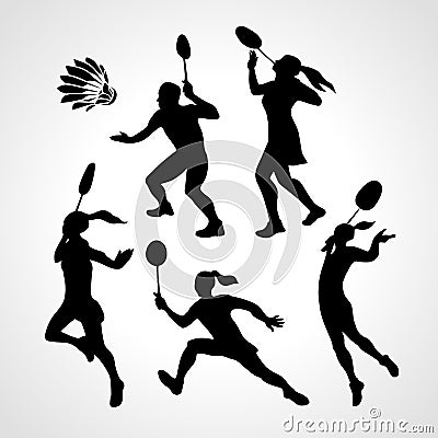 Badminton Players Silhouettes Set Vector Illustration
