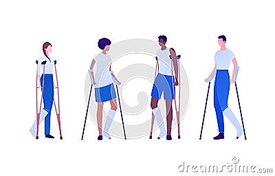 Badnaged injury concept. Vector flat patient character illustration set. Broken leg. Man and woman standing with injured foot in Vector Illustration