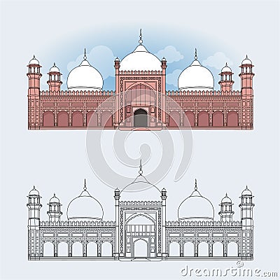 Badshahi Mosque, Lahore - Pakistan. Vector Illustration
