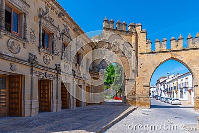 Baeza, Spain, May 26, 2021: Jaen gate and Villalar arch at Spani Editorial Stock Photo