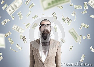Baffled man and dollar rain Stock Photo