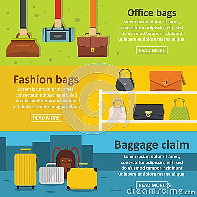 Bag baggage banner horizontal set, flat style Vector Illustration