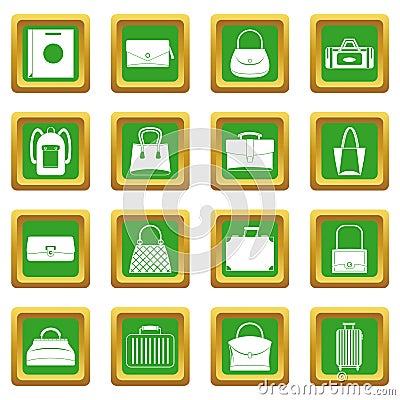 Bag baggage suitcase icons set green Vector Illustration