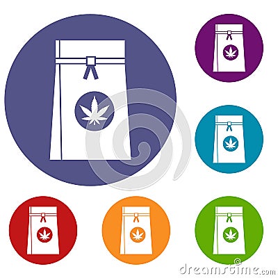 Bag with cannabis icons set Vector Illustration