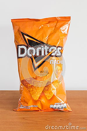 Bag of Doritos. Nacho Cheese flavoured corn chips. Editorial Stock Photo