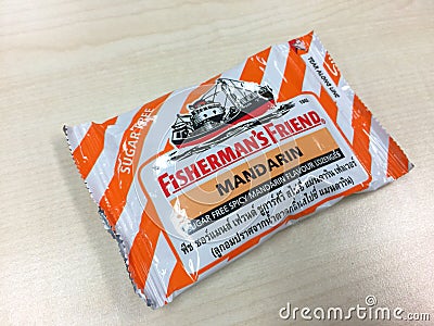 a bag of Fisherman`s Friend with orange flavour Editorial Stock Photo