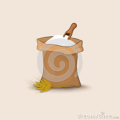 A bag of flour with a shovel and ears of wheat, barley or rye Cartoon Illustration